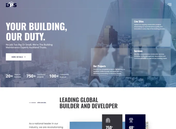 Homepage of a building maintenance and construction services company website showcasing professional services, company credentials, and conversion-focused web design for property and facility management businesses.