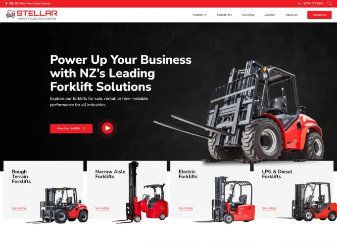 Homepage of a forklift sales and rental company website showcasing industrial forklifts, equipment categories, and conversion-focused web design for heavy equipment businesses.
