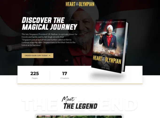 Landing page of the Heart of an Olympian book website featuring book promotion, author showcase, and conversion-focused design for online book sales.