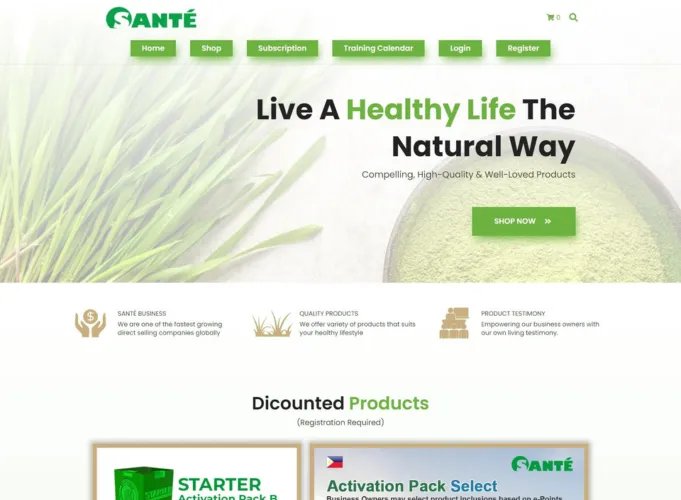 Homepage of Sante health and wellness ecommerce website featuring natural health products, online shop, and clean product-focused website design.